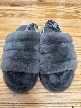 UGG Gray Plush Slide Sandals with Branded Elastic Strap